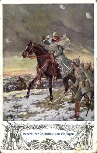 Künstler Ak General der Infanterie von Linsingen, Portrait auf einem Pferd, Schlachtfeld, I. WK