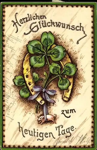 Litho Glückwunsch Geburtstag, Hufeisen, Kleeblätter, Schwein
