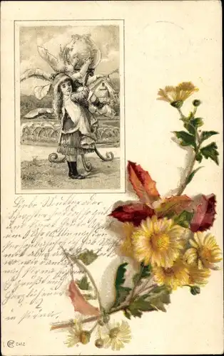 Litho Mädchen und Junge, Blumen, Kitsch