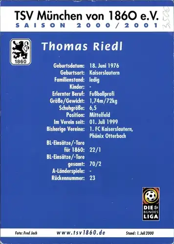 Autogrammkarte Fußballer Thomas Riedl, TSV 1860 München