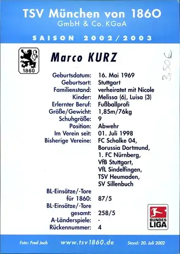 Autogrammkarte Fußballer Marco Kurz, TSV 1860 München