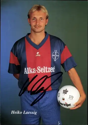 Autogrammkarte Fußballer Heiko Laessig, FC Bayer 05 Uerdingen, Reklame Alka Seltzer