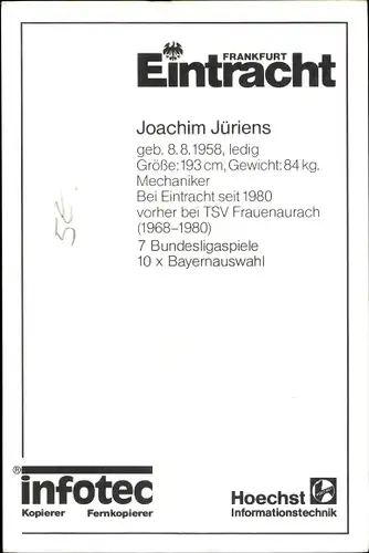 Autogrammkarte Fußballer Joachim Jüriens, Eintracht Frankfurt