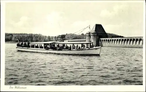 Ak Möhnesee, Partie an der Talsperre, Motorbootverkehr Karl Schmitz