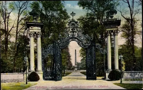 Ak Potsdam in Brandenburg, Eingang zum Park Sanssouci, Obelisk