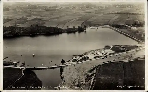 Ak Crimmitschau in Sachsen, Fliegeraufnahme, Kobertalsperre, Seehaus, Strandbad