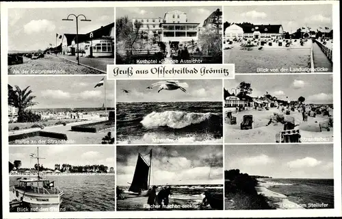 Ak Ostseebad Grömitz in Holstein, Kurhotel Schöne Aussicht, Steilufer, Strand, Möwe, Strandhalle