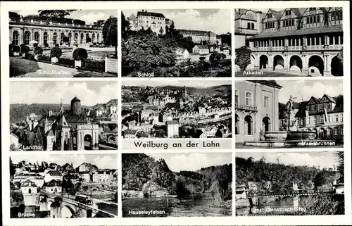 Ak Weilburg an der Lahn Hessen, Schloss, Arkaden, Brücke, Landtor, Schlosskaffee