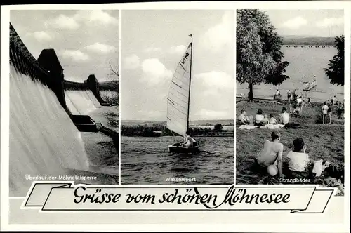 Ak Möhnesee in Westfalen, Sperrmauer Überlauf, Wassersport, Strandbad, Segelboot