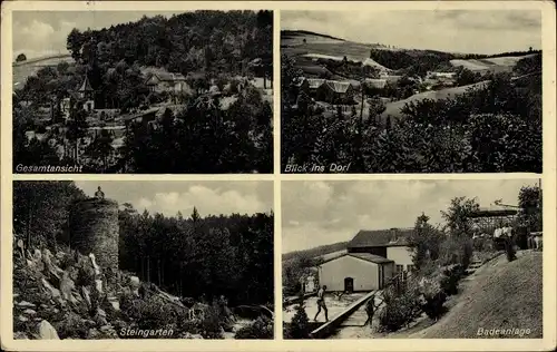 Ak Obergeißendorf Berga an der Elster Thüringen, Badeanlage, Steingarten, Blick auf den Ort