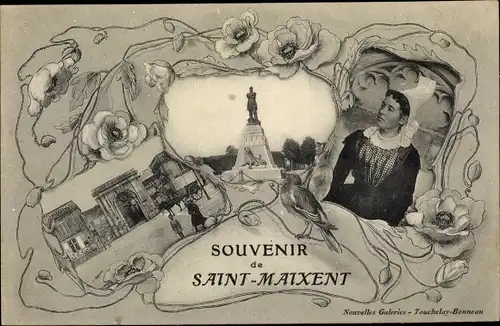 Ak Saint Maixent Deux Sevres, Femme en Costume, Monument, Porte Chalon