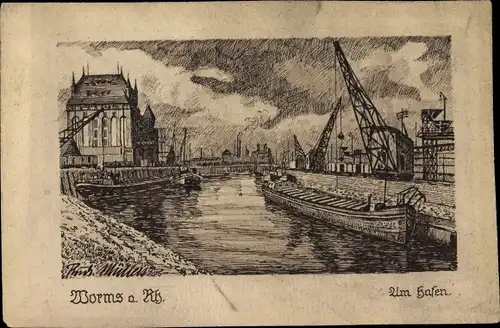 Künstler Ak Müllers, R., Worms am Rhein, Partie am Hafen