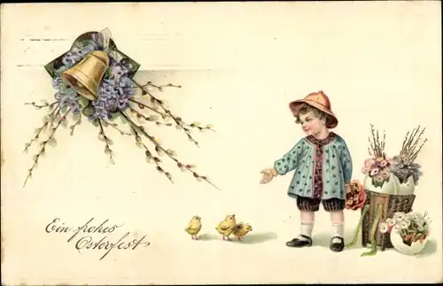 Ak Glückwunsch, Ostern, Glocke, Kind füttert Küken, Weidenkätzchen