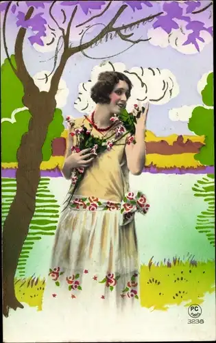 Ak Portrait einer jungen Dame, Blumenstrauß, Partie am Ufer