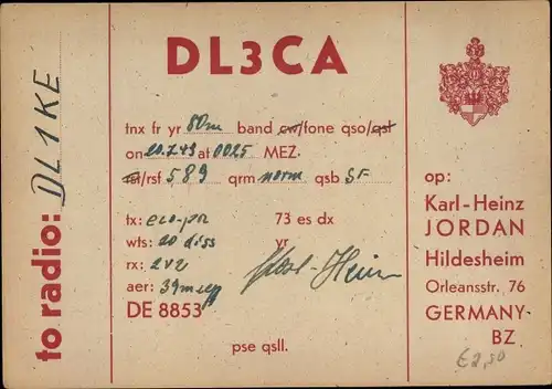 Ak QSL Karte, Funkerkarte DL3CA, Karl Heinz Jordan, Hildesheim