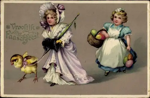 Ak Glückwunsch Ostern, Junge Frauen mit Küken und Ostereiern