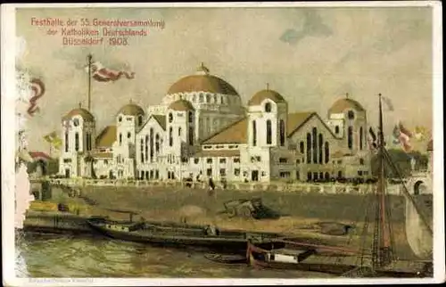 Künstler Ak Düsseldorf am Rhein, Festhalle der 55. Generalversammlung der Katholiken im Jahr 1908