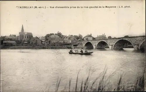 Ak Chambellay Maine-et-Loire, Ruderpartie, Brücke, Kirche