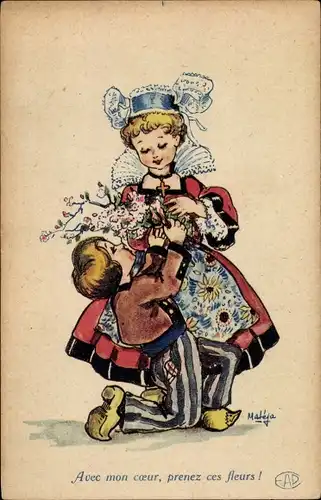 Künstler Ak Mann mit Blumenstrauß kniet vor eleganter Dame