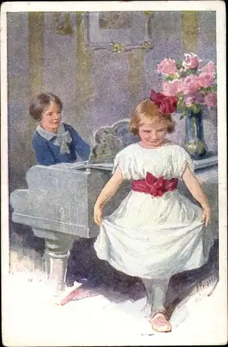 Künstler Ak Feiertag, Karl, Junge am Klavier, Mädchen in weißem Kleid