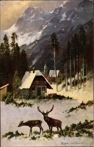 Künstler Ak Dorfpartie, Berglandschaft, Hirsch, Reh