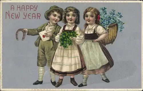 Präge Ak Glückwunsch Neujahr, Kinder, Vergissmeinnicht, Hufeisen, Glücksklee