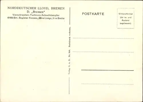 Ak NDL Vierschrauben Turbinen Schnelldampfer Bremen, 46000 BRT