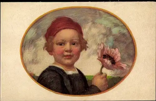 Künstler Ak Zumbusch, Ludwig von, Bayerischer Blumentag 1913, Junge mit Mohnblüte