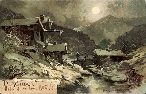 Künstler Ak Guggenberger, Dezember, Winterlandschaft, Haus an einem Fluss, Mondlicht