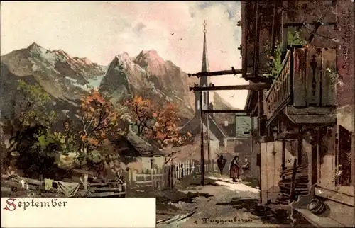 Künstler Litho Guggenberger, Thomas, Allegorie, September, Ortschaft, Gebirge