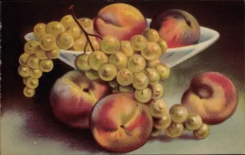 Künstler Ak Stillleben, Pfirsiche und Trauben in einer Schale