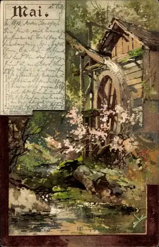 Künstler Litho Guggenberger, Allegorie, Mai, Wasserrad, Frühling, Wassermühle