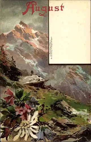 Künstler Litho Guggenberger, Monat August, Gebirgslandschaft, Bergblüten