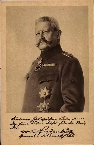 Ak Generalfeldmarschall Paul von Hindenburg, Portrait, Uniform, Ludendorff Spende