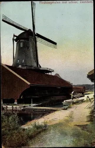 Ak Zaandam Zaanstad Nordholland, Houtzaagmolen met schuur, Windmühle