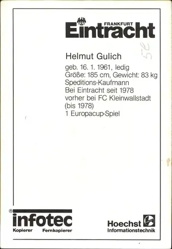 Autogrammkarte Fußballer Hemlut Gulich, Eintracht Frankfurt