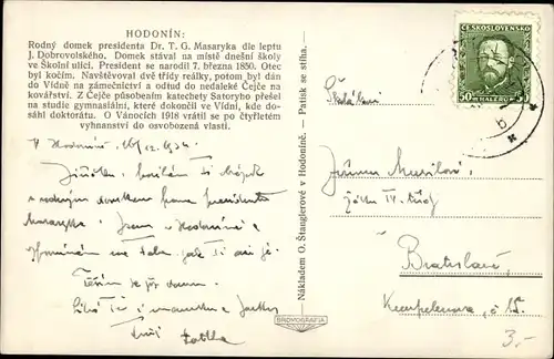Ak Hodonín Göding Südmähren, Rodny domek presidenta Dr. T.G. Masaryka, Masaryks Geburtshaus
