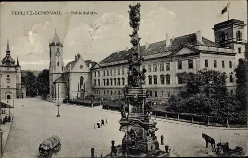 Ak Teplice Šanov Teplitz Schönau Region Aussig, Schlossplatz mit Denkmal