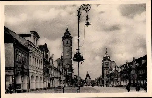 Ak Domažlice Taus Region Pilsen, Straßenpartie, Türme