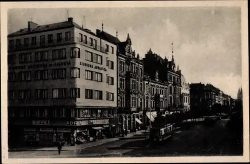 Ak Plzeň Pilsen Stadt, Stadtpartie, Straßenbahn, Buffet Adria