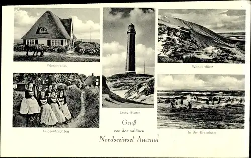 Ak Insel Amrum in Nordfriesland, Friesenhaus, Friesentracht, Leuchtturm, Brandung, Wanderdüne