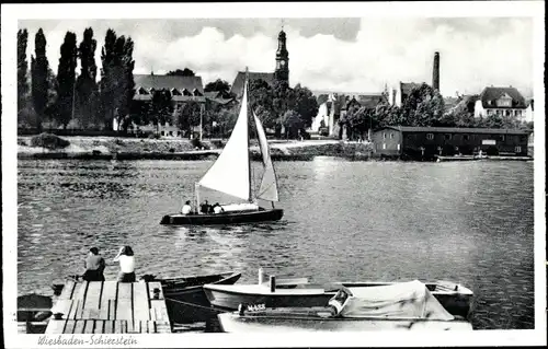 Ak Schierstein Wiesbaden in Hessen, Segelboot, Ort