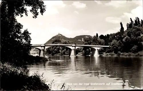 Ak Bad Honnef am Rhein, Insel Grafenwerth, Blick auf Drachenfels