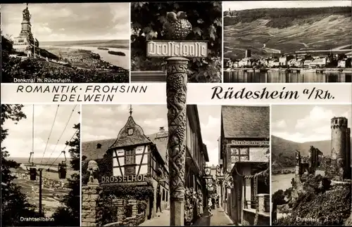 Ak Rüdesheim am Rhein, Drosselgasse, Drosselhof, Drahtseilbahn, Ehrenfels