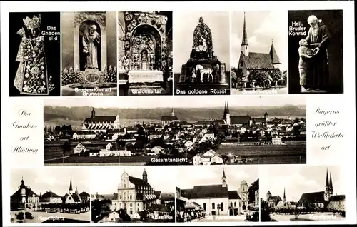 Ak Altötting in Oberbayern, Blick auf den Ort, das goldene Rössel, Gnadenaltar, Basilika