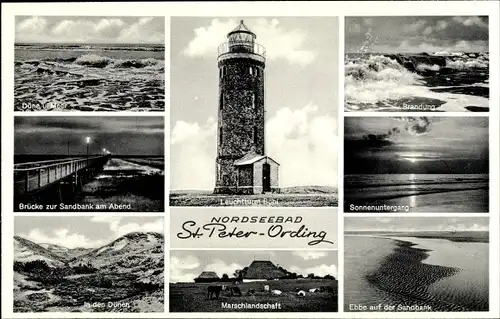 Ak Nordseebad Sankt Peter Ording, Leuchtturm Bühl, Marschlandschaft, Dünen, Sandbank