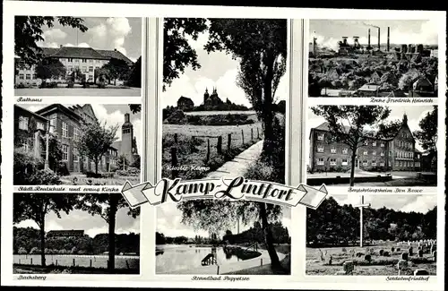 Ak Kamp Lintfort am Niederrhein, Rathaus, Realschule, Strandbad Pappelsee, Soldatenfriedhof, Zeche