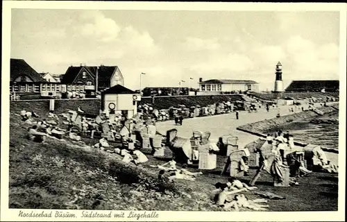 Ak Nordseebad Büsum, Südstrand mit Liegehalle, Leuchtturm