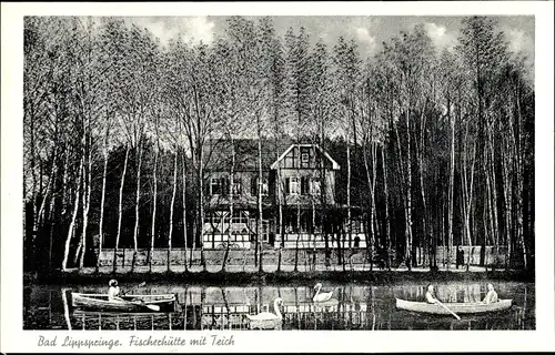 Ak Bad Lippspringe in Westfalen, Fischerhütte mit Teich, Ruderboote