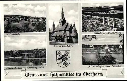 Ak Hahnenklee Bockswiese Goslar im Harz, Kirche, Kuranlagen mit Bastei, Irenenquelle